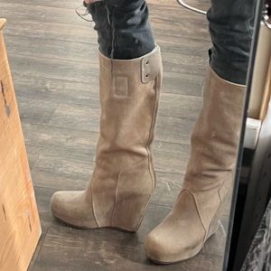 Rick Owens classic wedge platform beige mid-calf boots 38.5 8.5 MINT